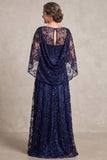 Navy A Line Sequin Mother of the Bride Dress with Cape Sleeves