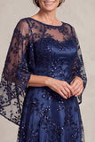 Navy A Line Sequin Mother of the Bride Dress with Cape Sleeves