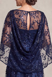 Navy A Line Sequin Mother of the Bride Dress with Cape Sleeves