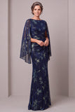 Mermaid Leaf Print Dark Blue Mother of the Bride Dress with Cape Sleeves