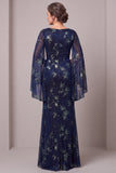 Mermaid Leaf Print Dark Blue Mother of the Bride Dress with Cape Sleeves