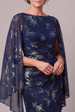 Mermaid Leaf Print Dark Blue Mother of the Bride Dress with Cape Sleeves