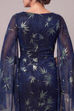 Mermaid Leaf Print Dark Blue Mother of the Bride Dress with Cape Sleeves