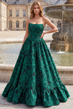 Dark Green A Line Jacquard Strapless Prom Dress with Lace-up Back