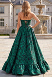 Dark Green A Line Jacquard Strapless Prom Dress with Lace-up Back