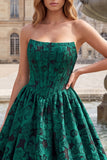 Dark Green A Line Jacquard Strapless Prom Dress with Lace-up Back