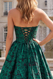 Dark Green A Line Jacquard Strapless Prom Dress with Lace-up Back