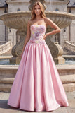 Light Pink Floral Beaded Satin Strapless A Line Long Prom Dress
