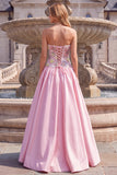 Light Pink Floral Beaded Satin Strapless A Line Long Prom Dress
