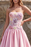Light Pink Floral Beaded Satin Strapless A Line Long Prom Dress