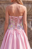 Light Pink Floral Beaded Satin Strapless A Line Long Prom Dress