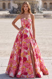 Strapless A Line Corset Jacquard Pink Prom Dress with Slit