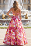 Strapless A Line Corset Jacquard Pink Prom Dress with Slit