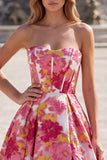 Strapless A Line Corset Jacquard Pink Prom Dress with Slit