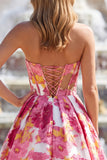 Strapless A Line Corset Jacquard Pink Prom Dress with Slit