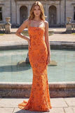 Mermaid Orange Spaghetti Straps Beaded Prom Dress