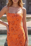 Mermaid Orange Spaghetti Straps Beaded Prom Dress