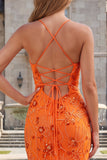 Mermaid Orange Spaghetti Straps Beaded Prom Dress