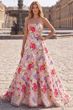 Champagne Red Floral A Line Strapless Prom Dress with Lace-up Back