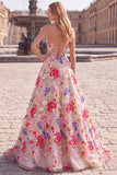 Champagne Red Floral A Line Strapless Prom Dress with Lace-up Back