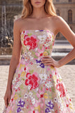 Champagne Red Floral A Line Strapless Prom Dress with Lace-up Back