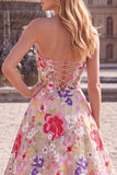 Champagne Red Floral A Line Strapless Prom Dress with Lace-up Back