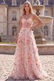 Pink A Line Spaghetti Straps Floral Corset Prom Dress