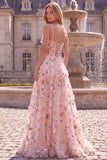 Pink A Line Spaghetti Straps Floral Corset Prom Dress