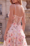 Pink A Line Spaghetti Straps Floral Corset Prom Dress