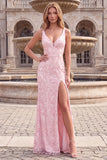 Light Pink V Neck Sequin Floral Sheath Prom Dress with Slit