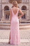 Light Pink V Neck Sequin Floral Sheath Prom Dress with Slit