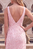 Light Pink V Neck Sequin Floral Sheath Prom Dress with Slit