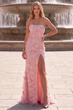 Strapless Pink Mermaid 3D Flower Sequin Prom Dress with Slit
