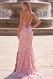 Strapless Pink Mermaid 3D Flower Sequin Prom Dress with Slit