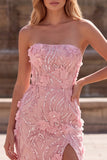 Strapless Pink Mermaid 3D Flower Sequin Prom Dress with Slit