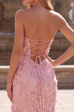 Strapless Pink Mermaid 3D Flower Sequin Prom Dress with Slit