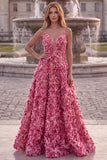 Pink A Line Spaghetti Straps 3D Flower Prom Dress with Lace-up Back