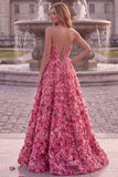 Pink A Line Spaghetti Straps 3D Flower Prom Dress with Lace-up Back