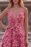 Pink A Line Spaghetti Straps 3D Flower Prom Dress with Lace-up Back