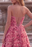 Pink A Line Spaghetti Straps 3D Flower Prom Dress with Lace-up Back