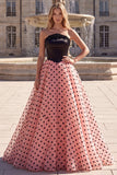Black and Pink Strapless Beaded Polka Dot A Line Prom Dress