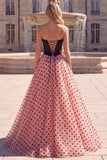 Black and Pink Strapless Beaded Polka Dot A Line Prom Dress