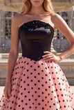 Black and Pink Strapless Beaded Polka Dot A Line Prom Dress