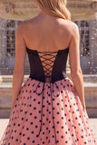 Black and Pink Strapless Beaded Polka Dot A Line Prom Dress