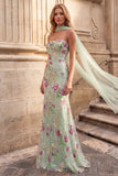 Mermaid Floral Sequin Strapless Light Green Prom Dress with Scarf