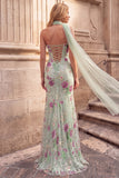 Mermaid Floral Sequin Strapless Light Green Prom Dress with Scarf