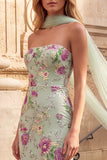Mermaid Floral Sequin Strapless Light Green Prom Dress with Scarf