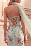 Mermaid Floral Sequin Strapless Light Green Prom Dress with Scarf