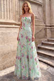 Light Green Floral Sequin Spaghetti Straps A Line Prom Dress