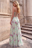 Light Green Floral Sequin Spaghetti Straps A Line Prom Dress